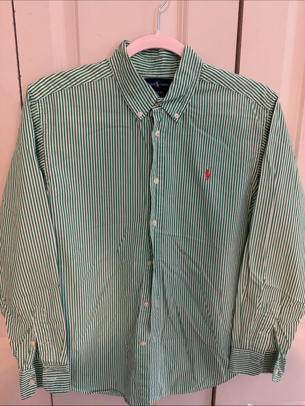 Boys Ralph Lauren Green and White Striped Polo with Orange Pony size 14/16